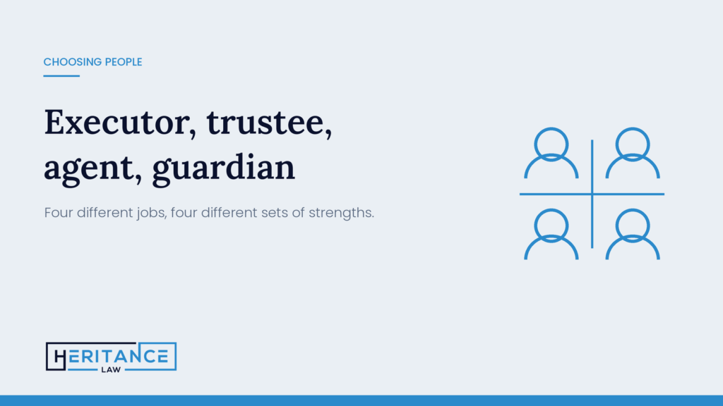 Four figures representing executor, trustee, agent and guardian roles, by Heritance Law